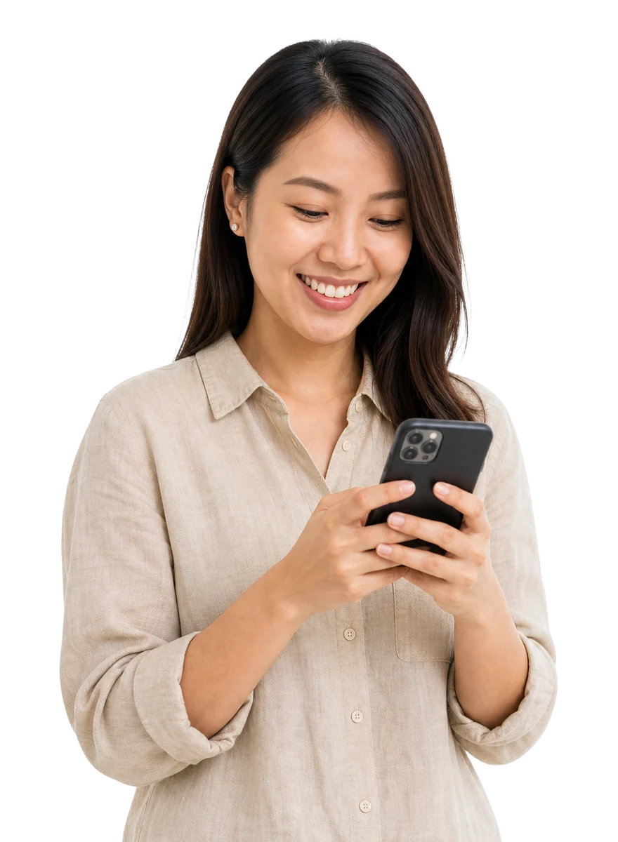 A happy customer chatting with the ReplyArc agent on their phone